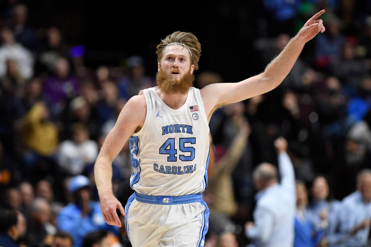 North Carolina forward Brady Manek reacts after sinking a shot against Purdue in the Hall of Fame Tip-off Tournament at Mohegan Sun Arena.