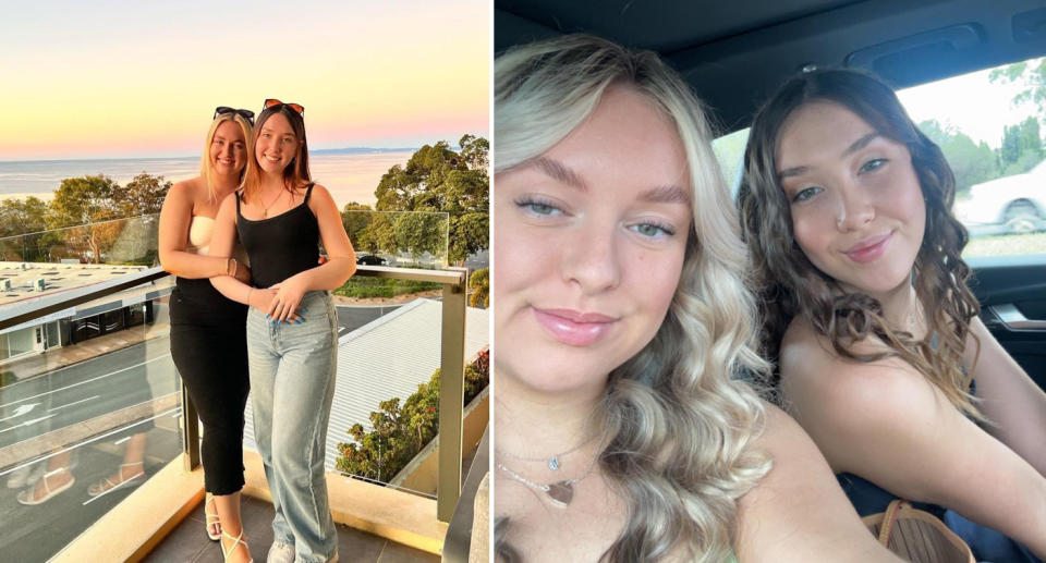 Chanelle and Maddy stand on a balcony together (left) and smile in a car (right).