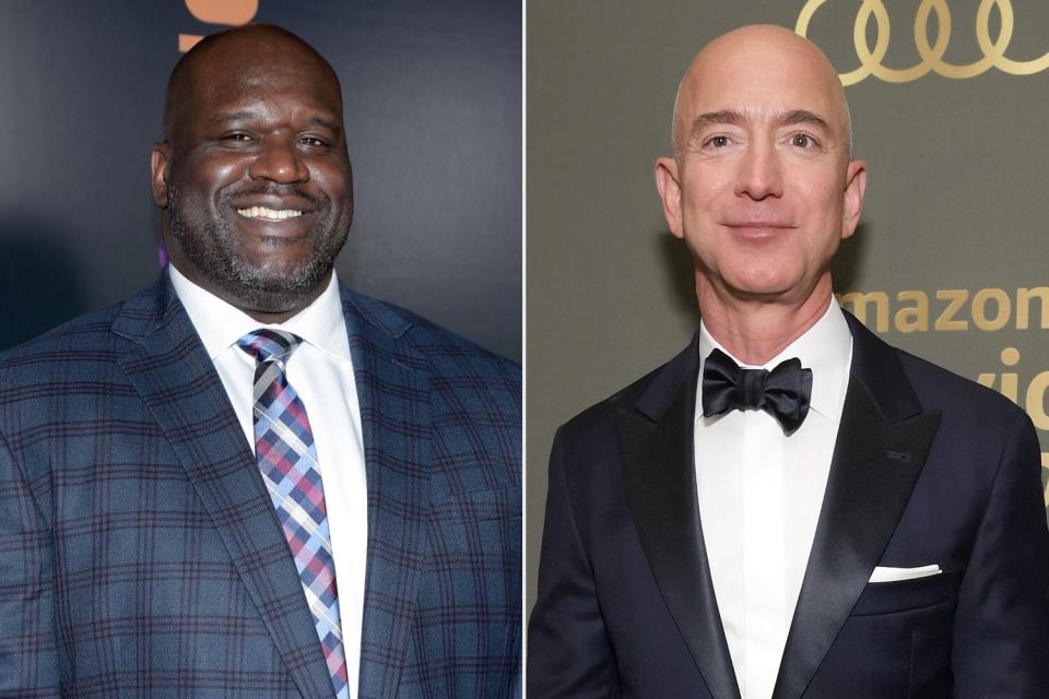 LOS ANGELES, CALIFORNIA - MARCH 09: NBA legend Shaquille O&#39;Neal attends the grand opening of Shaquille&#39;s At L.A. Live at LA Live on March 09, 2019 in Los Angeles, California. (Photo by Michael Tullberg/Getty Images); BEVERLY HILLS, CA - JANUARY 06: Amazon CEO Jeff Bezos attends the Amazon Prime Video&#39;s Golden Globe Awards After Party at The Beverly Hilton Hotel on January 6, 2019 in Beverly Hills, California. (Photo by Emma McIntyre/Getty Images)