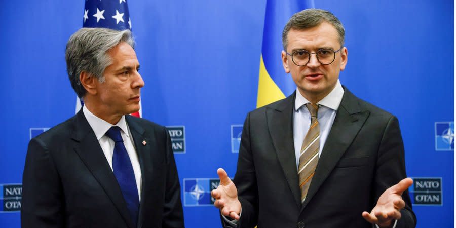 Ukraine's FM Dmytro Kuleba meets U.S. State Secretary Antony Blinken at NATO Headquarters in Brussels on April 4, 2024