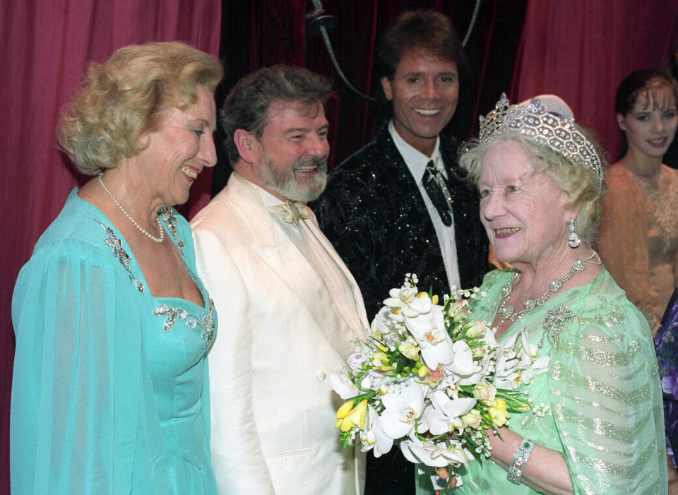 Dame Vera Lynn performs for the Queen Mother's 90th birthday gala, alongside flautist James Calway and pop star Cliff Richard.