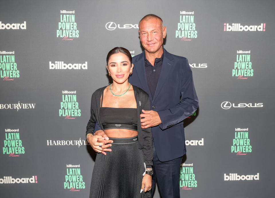 Julianna Agreda and Walter Kolm at the Power Players Cocktail Reception held at Pao at Faena Hotel as part of Billboard Latin Music Week on October 2, 2023 in Miami Beach, Florida.