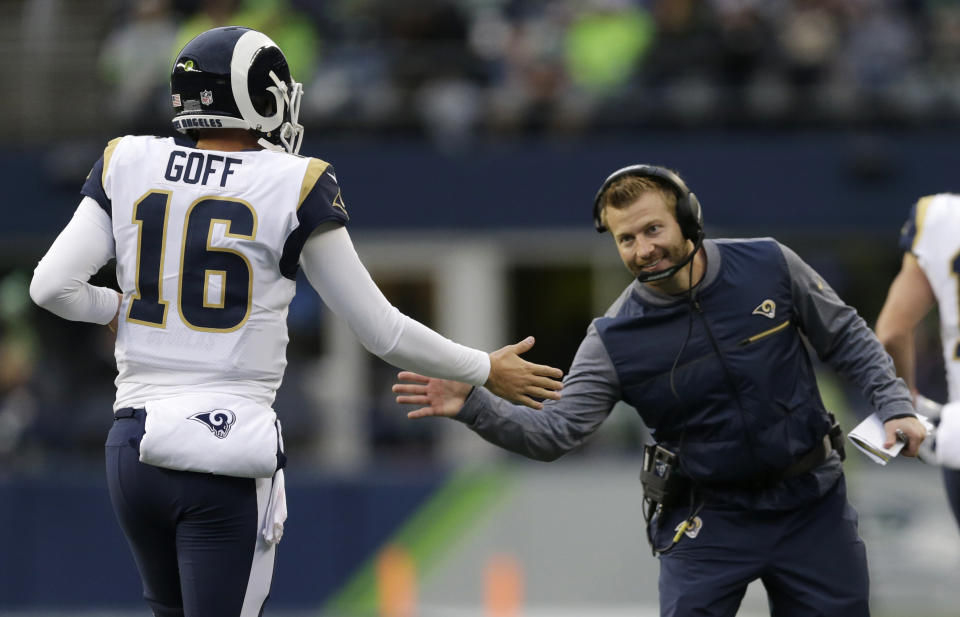 Los Angeles Rams head coach Sean McVay and quarterback Jared Goff were all smiles during Sunday’s 42-7 win over the Seahawks. (AP)