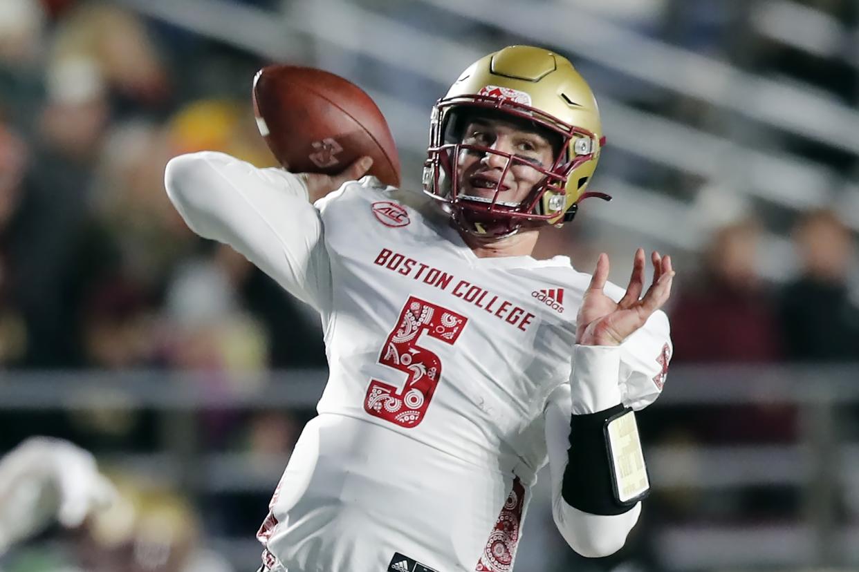 Boston College quarterback Phil Jurkovec returned from a throwing-hand injury to lead a victory over  Virginia Tech. (AP Photo/Michael Dwyer)