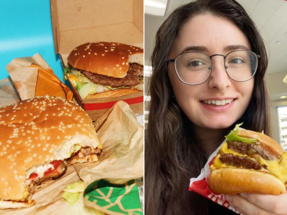 fast-food burgers and author holding burger