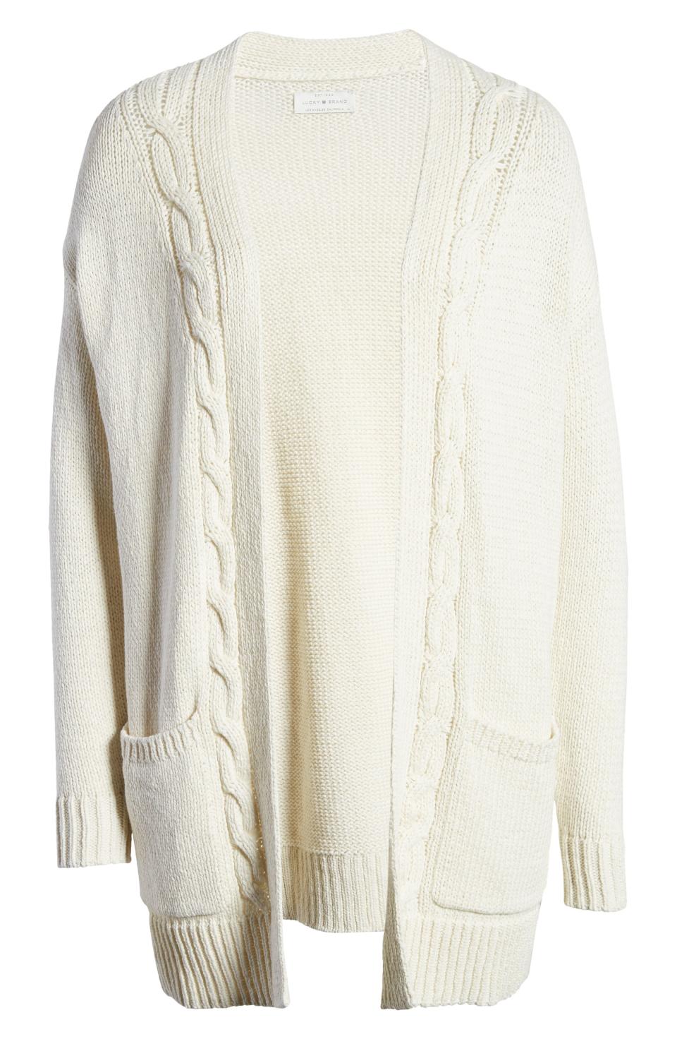 <p><strong>LUCKY BRAND</strong></p><p>nordstrom.com</p><p><a href="https://go.redirectingat.com?id=74968X1596630&url=https%3A%2F%2Fwww.nordstrom.com%2Fs%2Flucky-brand-cable-accent-cotton-blend-cardigan%2F5730590&sref=https%3A%2F%2Fwww.harpersbazaar.com%2Ffashion%2Ftrends%2Fg34042658%2Fnordstrom-sale-kate-middleton-supergas%2F" rel="nofollow noopener" target="_blank" data-ylk="slk:SHOP NOW;elm:context_link;itc:0;sec:content-canvas" class="link ">SHOP NOW</a></p><p><strong><del>$99</del></strong> <strong>$79.20 (</strong><strong>20% off</strong>)</p><p>Just in case the cardigans you've been wearing on rotation for the last few winters are on their last leg... here's a lovely option with cable accents. This piece also works just as well with faux-leather pants as it does with comfy sweats. </p>