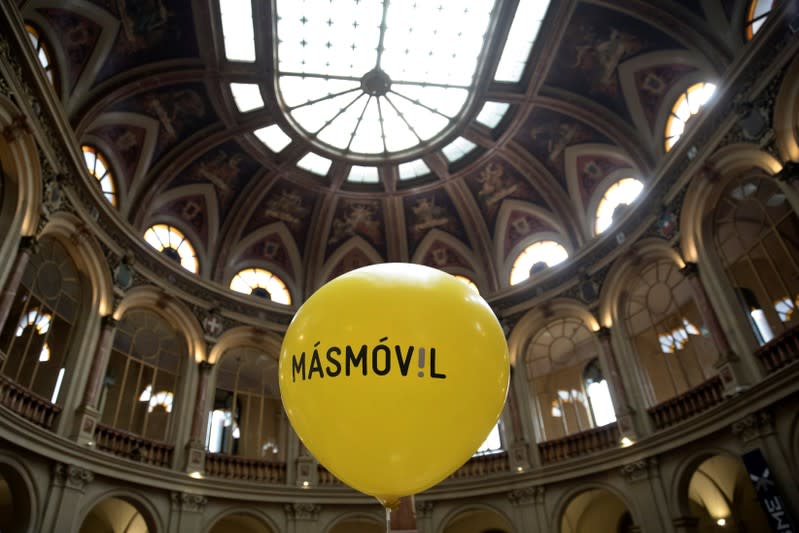 A balloon with the logo of Masmovil is seen during its bourse debut in Madrid