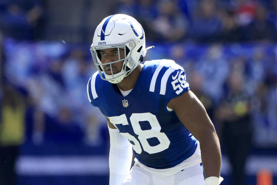 INDIANAPOLIS, INDIANA - OCTOBER 02: Bobby Okereke #58 of the Indianapolis Colts on the field in the game against the Tennessee Titans at Lucas Oil Stadium on October 02, 2022 in Indianapolis, Indiana. (Photo by Justin Casterline/Getty Images)