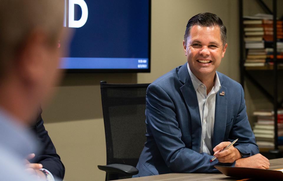 Republican state Sen. Zach Nunn speaks during a business roundtable event at the The Heartland Companies Wednesday, Aug. 3, 2022 in Des Moines.