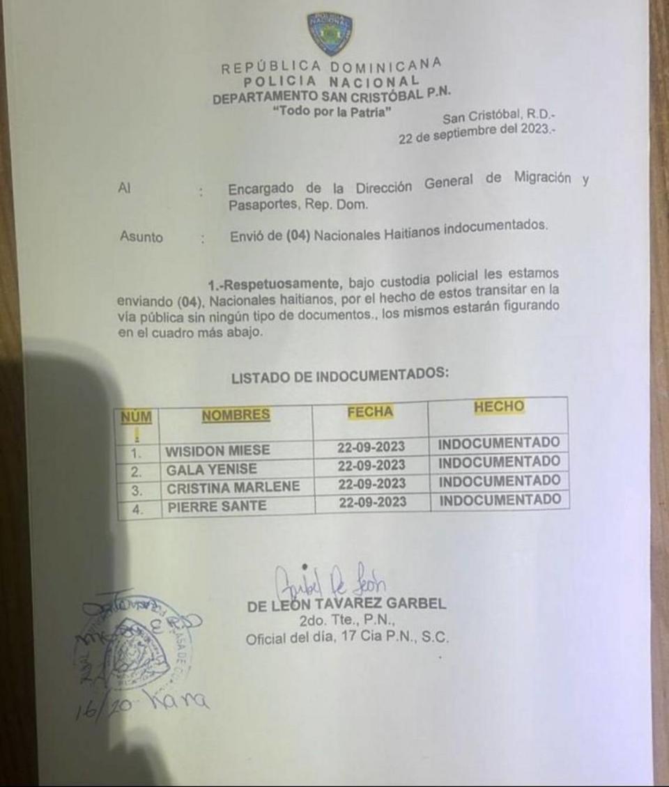 A police document, dated September 22, 2023, listing Dominican national Cristina Martínez as being among four Haitian nationals. Her name is cited as “Christina Marlene.” Her status: “Indocumentado” or undocumented.