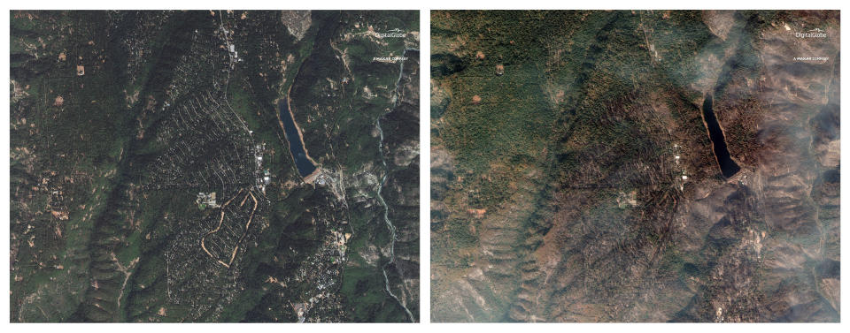 FILE - This satellite images provided by DigitalGlobe shows part of Magalia, situated around Magalia Reservoir, center right, north of Paradise in northern California before a wildfire, left, on Sept. 10, 2018, and after the fire on Nov. 18, 2018. Authorities are lifting evacuation orders for some Northern California communities ravaged by the state's deadliest wildfire but say no traffic will be allowed into the town of Paradise. The Butte County Sheriff's Office on Sunday said residents of neighborhoods in nearby Magalia can return to the area at noon on Sunday, Dec. 2, 2018, and public access will resume 24 hours later. (DigitalGlobe, a Maxar company via AP, File)