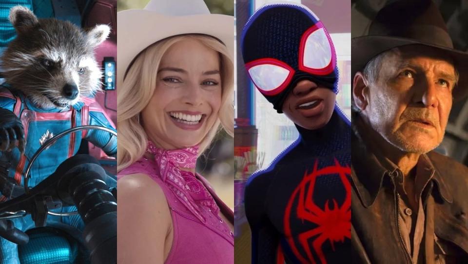 Rocket Raccoon in a space suit flying a ship in Guardians of the Galaxy Vol. 3, Margot Robbie in a pink outfit and white cowby hate smiling in barbie, Miles Morales with his mask half off in Spider-Man: Across the Spider-Verse, and Harrison Ford sitting as Indiana Jones in the Dial of Destiny