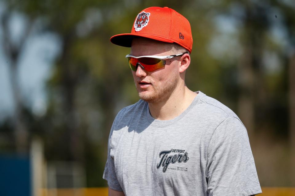 Detroit Tigers outfielder Parker Meadows watches batting practice during spring training at TigerTown in Lakeland, Fla. on Friday, Feb. 16, 2024.