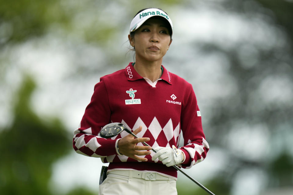 Lydia Ko, of New Zealand, watches on the 10th tee during the first round of the LPGA Cognizant Founders Cup golf tournament, Thursday, May 9, 2024, in Clifton, N.J. (AP Photo/Seth Wenig)