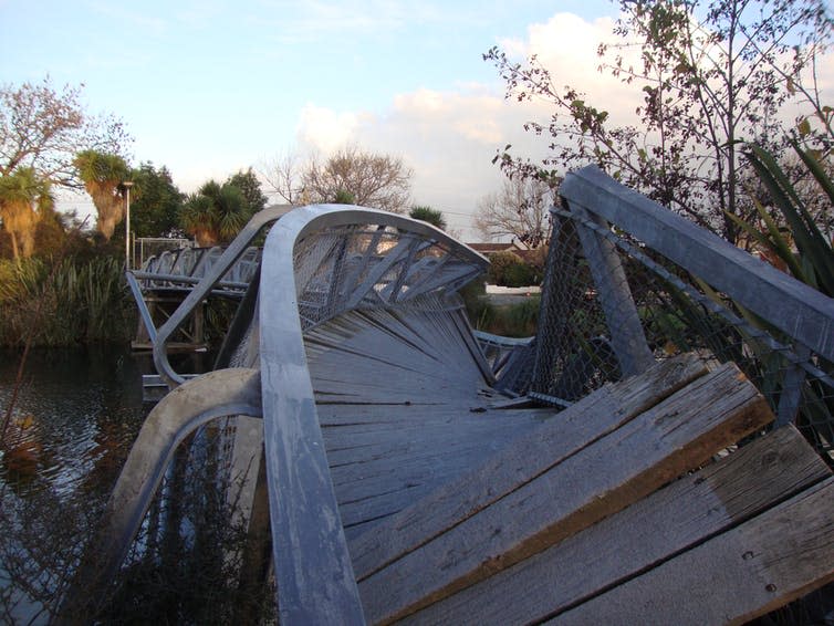 <span class="caption">The Medway footbridge in Christchurch was twisted out of shape by the earthquake.</span> <span class="attribution"><a class="link " href="https://en.wikipedia.org/wiki/2010_Canterbury_earthquake#/media/File:Medway_Bridge_76.jpg" rel="nofollow noopener" target="_blank" data-ylk="slk:Schwede66/Wikipedia;elm:context_link;itc:0;sec:content-canvas">Schwede66/Wikipedia</a>, <a class="link " href="http://creativecommons.org/licenses/by-sa/4.0/" rel="nofollow noopener" target="_blank" data-ylk="slk:CC BY-SA;elm:context_link;itc:0;sec:content-canvas">CC BY-SA</a></span>