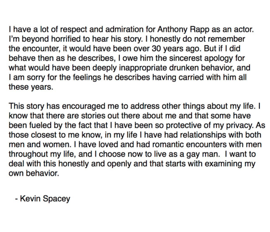 The Oscar-winner's apology over sexual misconduct allegations has been slammed online. Photo: Twitter/Kevin Spacey