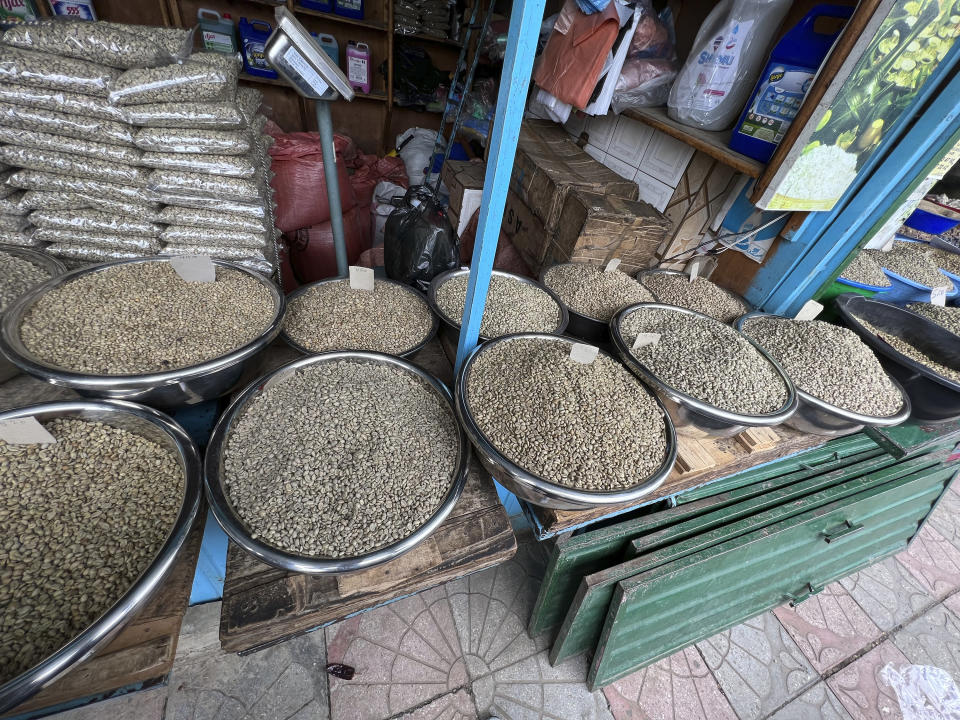 Several types of coffee beans are laid out for sale at Sholla Market, an outdoor flea market, in Addis Ababa, Ethiopia on Wednesday, Aug. 16, 2023. The London-based International Coffee Organization has declared this Sunday, Oct. 1, as International Coffee Day. (AP Photo/Almaz Abedje)