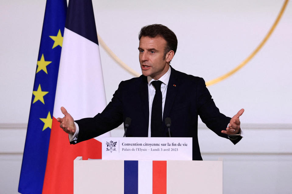 French President Emmanuel Macron attends a conference on the end-of-life, after a panel of citizens worked on the issue in recent months, at the Elysee Palace in Paris, France April 3, 2023.  Aurelien Morissard/Pool via REUTERS