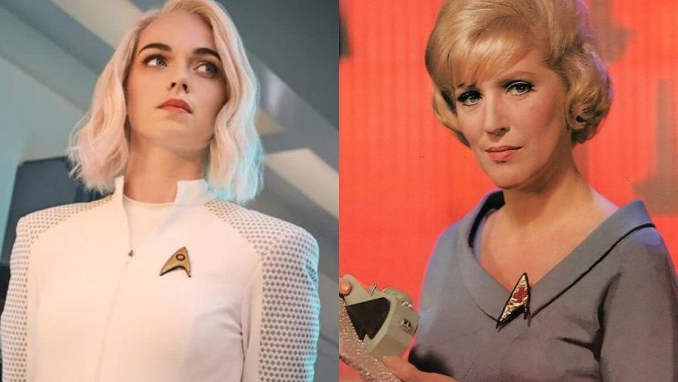 Nurse Christine Chapel, played on Strange New Worlds by Jess Bush (L), and Majel Barrett Roddenberry (R) on the classic Star Trek.