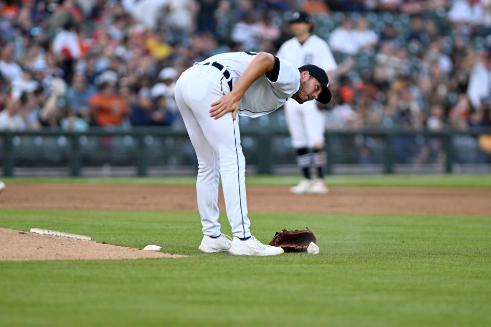 Detroit Tigers relief pitcher Mason Englert (53) reacts after giving up a two-run home run to Chicago White Sox first baseman Andrew Vaughn (25) (not pictured) in the fifth inning at Comerica Park in Detroit on Friday, May 26, 2023 .