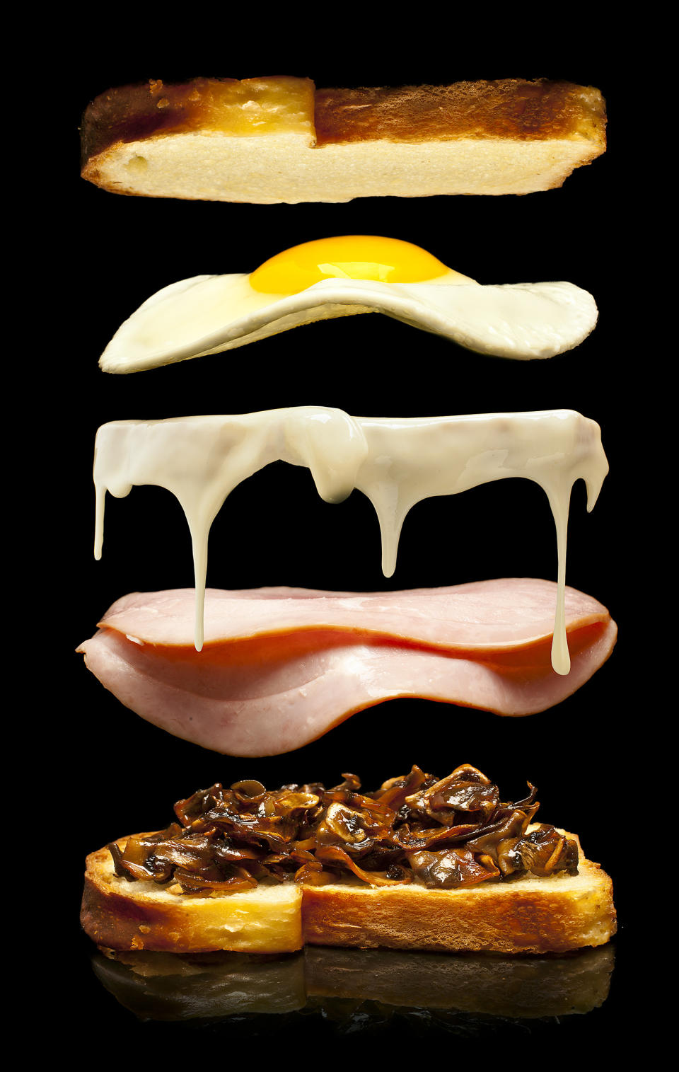 This undated illustration provided by Modernist Cuisine on July 16, 2013 shows Camembert cheese on a brioche with ham and mushrooms. (AP Photo/Modernist Cuisine, Chris Hoover)