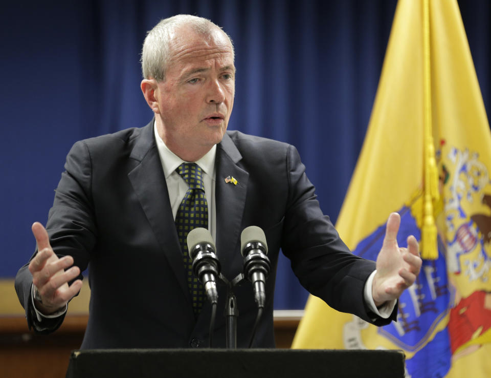 New Jersey Gov. Phil Murphy speaks to reporters in Newark, N.J., Monday, Oct. 15, 2018. A New Jersey state employee said Sunday she was sexually assaulted by a man who went on to work in Democratic Gov. Phil Murphy's administration and tried for a year to get authorities to take action but with no result. (AP Photo/Seth Wenig)