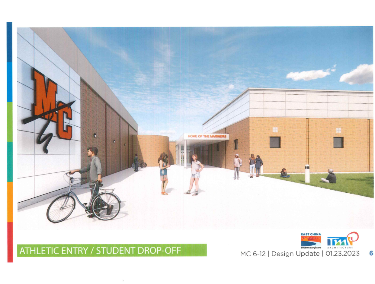 A rendering of the future athletic entrance and student drop off area at Marine City High School.