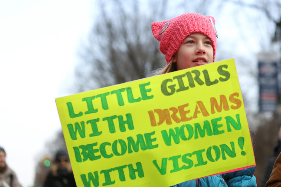 A girl takes part in a march organized by the Women’s March Alliance in the Manhattan borough of New York City, Jan. 19, 2019. (Photo: Caitlin Ochs/Reuters)