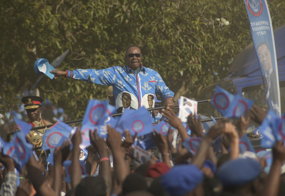 Malawian President, Peter Mutharika, arrives at his party's Democratic Progressive Party (DPP) final election rally in Blantyre, Malawi, Saturday, May 18, 2019. Corruption and the need for economic growth are the main campaign issues as Malawi goes to the polls on Tuesday for a presidential election that pits the incumbent 78-year-old president Peter Mutharika of the ruling Democratic Progressive Party against his own vice president, 46-year-old Saulos Chilima as well as the main opposition party leader Lazarus Chakwera, 64. (AP Photo/Thoko Chikondi)