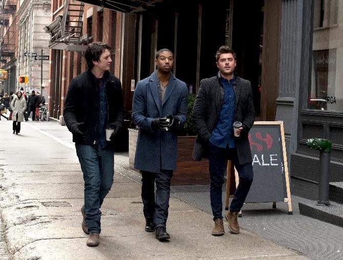 This image released by Focus Features shows, from left, Miles Teller, Michael B. Jordan and Zac Efron in a scene from "That Awkward Moment." The film is expected to be the top-grossing film this weekend, from what is expected to be a mostly female audience. (AP Photo/Focus Features, Nicole Rivelli, file)