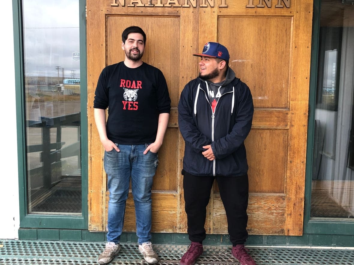 Bandon Larocque, left, is a musician from Inuvik who goes by BrandonSonnet. He is pictured with his former classmate, music collaborator and friend, Brian Charlicki, known as Mñso. (Submitted by Brian Charlicki - image credit)