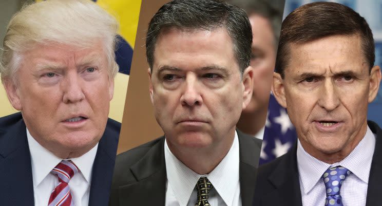 President Donald Trump, James Comey and Michael Flynn. (Photos: Michael Reynolds/Getty Images, Mark Wilson/Getty Images, Win McNamee/Getty Images)