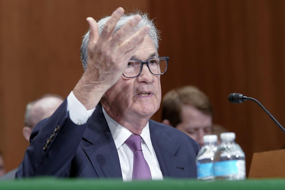 Federal Reserve Chairman Jerome Powell testifies during a Senate Banking Committee hearing, Thursday, June 22, 2023, on Capitol Hill in Washington. (AP Photo/Mariam Zuhaib)