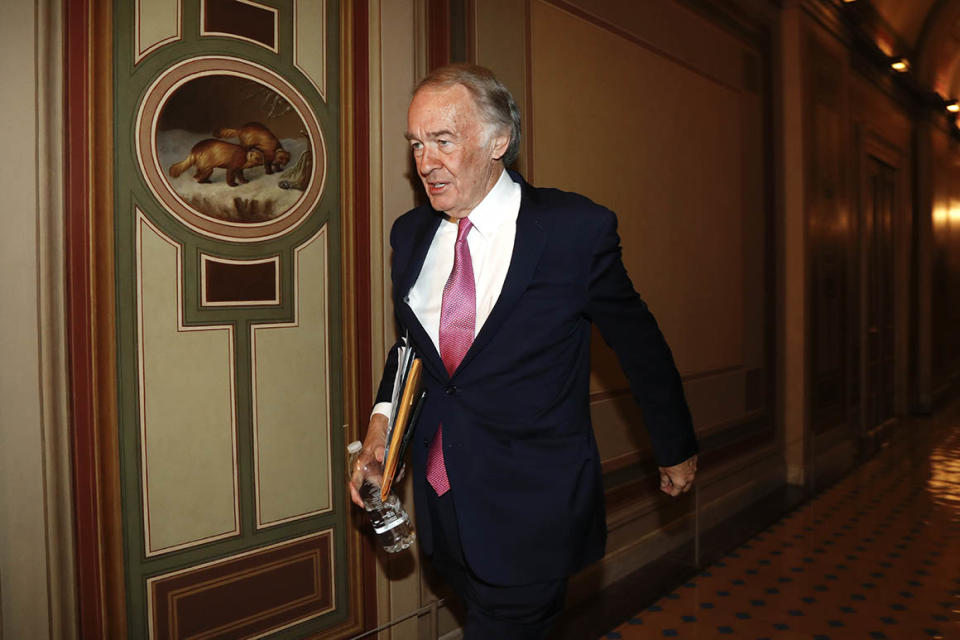 Sen. Ed Markey, D-Mass., arrives at the Capitol in Washington during the impeachment trial of President Donald Trump on charges of abuse of power and obstruction of Congress, Friday, Jan. 24, 2020. (AP Photo/Julio Cortez)