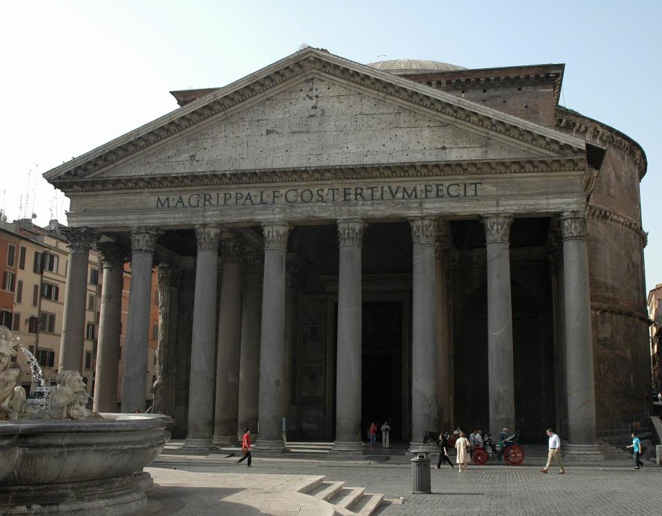 Exterior view of the Pantheon, Rome. Originally built in the reign of Augustus, rebuilt under Hadrian. Dedicated to all the gods, this temple has a soaring dome which rises to a height of 142 feet. Country of Origin: Italy. Culture: Roman. Credit Line:.  (Photo by Werner Forman Archive/Heritage Images/Getty Images)