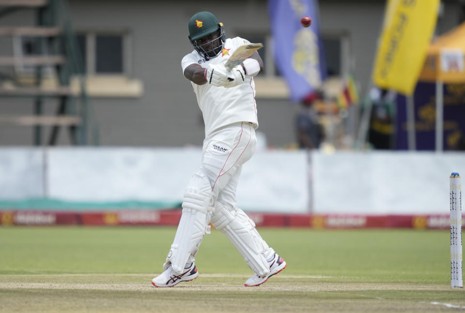 Zimbabwe batsman Innocent Kaia plays a shot on the first day of the second Test cricket match between Zimbabwe and West Indies at Queens Sports Club in Bulawayo, Zimbabwe, Sunday,Feb, 12, 2023. (AP Photo/Tsvangirayi Mukwazhi)