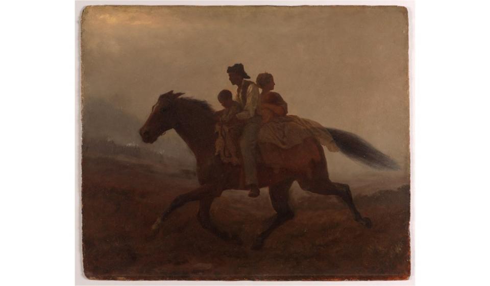 <i>A Ride for Liberty — The Fugitive Slaves</i> (recto), ca. 1862, by Eastman Johnson. Oil on paperboard.