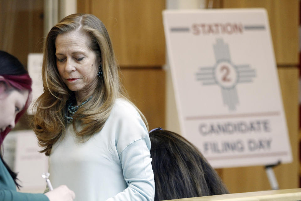 Republican political contenders including Nella Domenici, right, filed petitions Tuesday, Feb. 6, 2024, in Santa Fe, N.M., to appear on New Mexico's primary ballot in hopes of challenging incumbent Democratic U.S. Sen. Martin Heinrich. Republicans also hope to reclaiming a congressional swing seat along the U.S. border with Mexico held by Democratic U.S. Rep. Gabe Vasquez. (AP Photo/Morgan Lee)