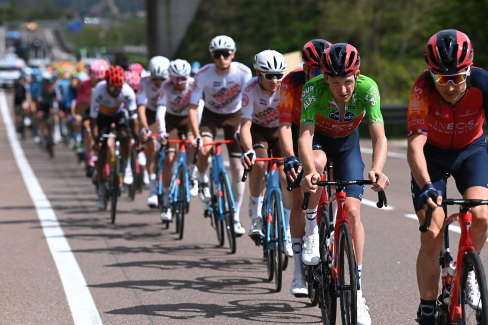 BRENTONICO SAN VALENTINO ITALY  APRIL 19 Tao Geoghegan Hart of United Kingdom and Team INEOS Grenadiers  Green leader jersey competes during the 46th Tour of the Alps 2023 Stage 3 a 1625km stage from Ritten to Brentonico San Valentino 1321m on April 19 2023 in Brentonico San Valentino Italy Photo by Tim de WaeleGetty Images