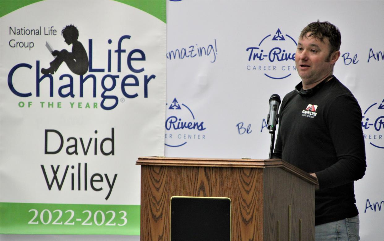 David Willey, director of the Tri-Rivers Career Center Construction Trades Academy, was honored with a LifeChanger of the Year award for 2022-2023 by the National Life Group. The award is presented to educators and school district employees who "go above and beyond for their students." Willey has taught at Tri-Rivers since 2017 and has built the Construction Trades Academy into the school's largest program during that time.