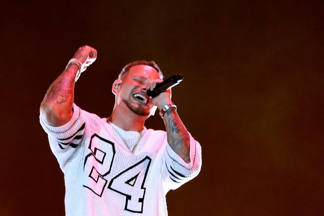 Kane Brown gives a headlining performance on the Mane Stage during Stagecoach country music festival at the Empire Polo Club in Indio, Calif., Saturday, April 29, 2023.