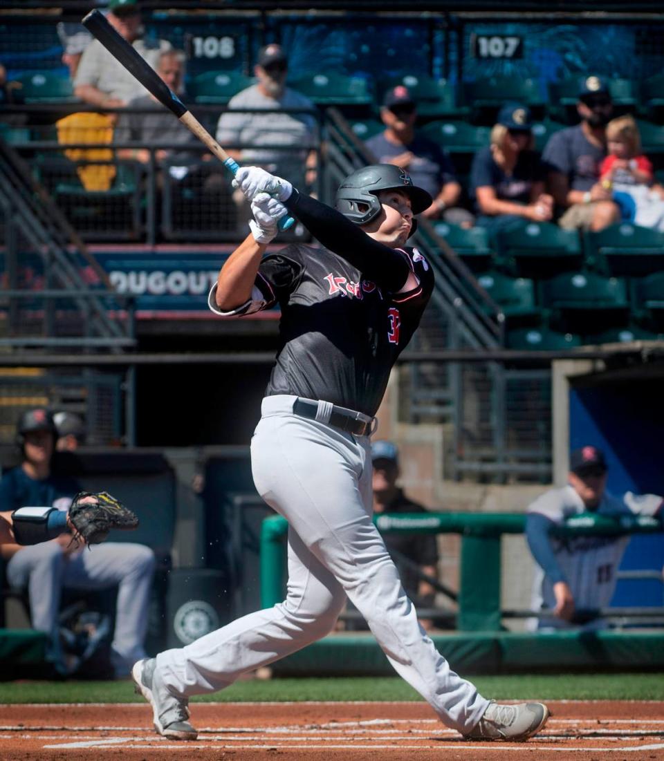 Former Gig Harbor standout Michael Toglia - now a first baseman/outfielder with the AAA Albuquerque Isotopes - connects for a two-run home run in his first at-bat in the opening game of a six-game series against the Tacoma Rainiers at Cheney Stadium in Tacoma, Washington on Tuesday, Aug. 16, 2022.