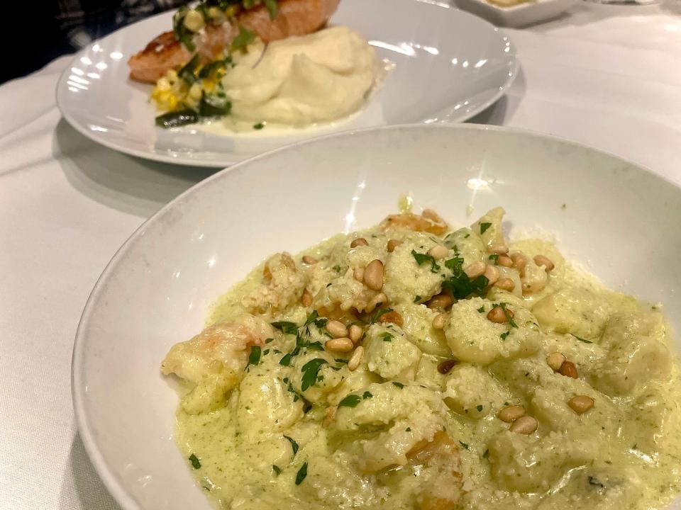 Basil ricotta gnocchi and king salmon from The Baker's Table in New Smyrna Beach.
