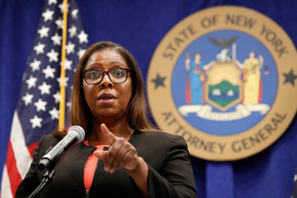 FILE- In this Aug. 6, 2020 file photo, New York State Attorney General Letitia James takes a question at a news conference in New York.  The Office of the New York Attorney General said in a new report, Thursday, May 6, 2021,  that a campaign funded by the broadband industry submitted millions of fake comments supporting the 2017 repeal of net neutrality. The Federal Communications Commission's contentious 2017 repeal undid Obama-era rules that the broadband industry had sued to stop.  (AP Photo/Kathy Willens, File)