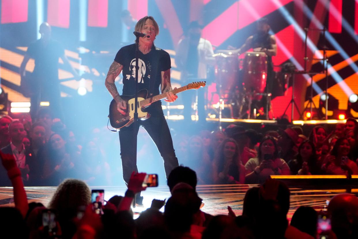 Keith Urban performs at the 2024 CMT Music Awards at the Moody Center in Austin, Tex., Sunday night, April 7, 2024.