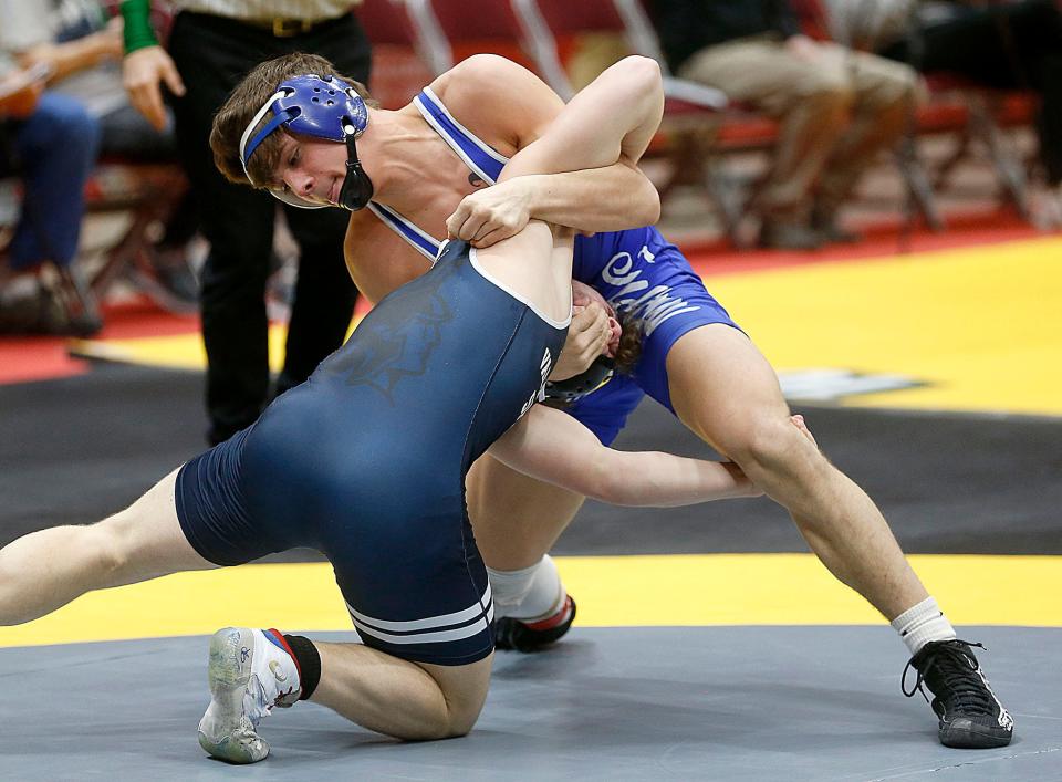 Tuslaw's Jacob Lyons wrestles Valley View's Zeran Brady during their 150 lbs. match at the OHSAA State Wrestling Championships Friday, March 10, 2023 at the Jerome Schottenstein Center. TOM E. PUSKAR/ASHLAND TIMES-GAZETTE