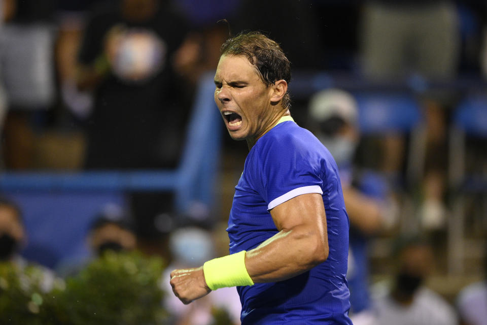 Rafael Nadal, of Spain, reacts to the crowd after he defeated Jack Sock, of the United States, at the Citi Open tennis tournament Wednesday, Aug. 4, 2021, in Washington. (AP Photo/Nick Wass)