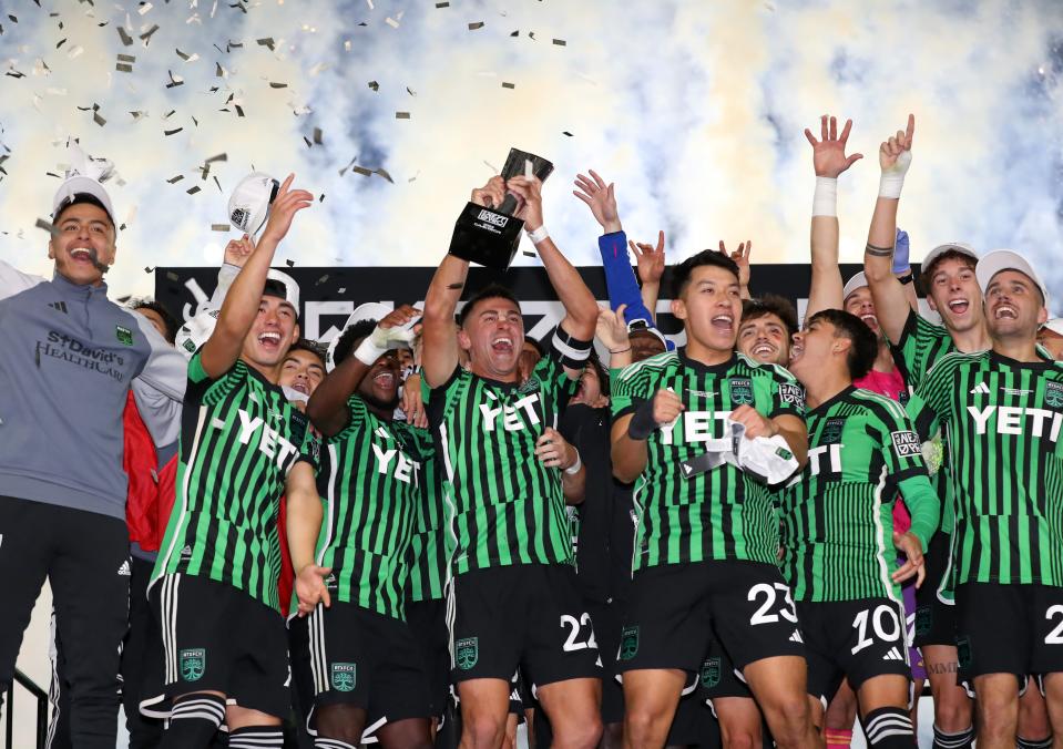 Oct 22, 2023; Columbus, OH, USA; Austin FC II team members celebrate following the win in the MLS Next Pro Cup between the Columbus Crew 2 and the Austin FC II at Lower.com Field. Mandatory Credit: Joseph Maiorana-USA TODAY Sports