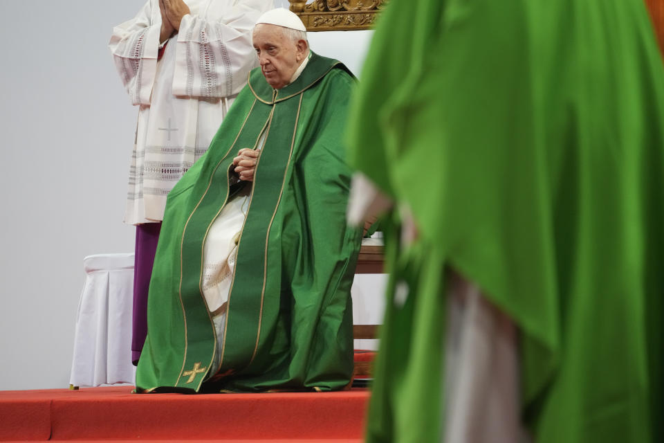 Pope Francis presides over a mass at the Steppe Arena in the Mongolian capital Ulaanbaatar, Sunday, Sept. 3, 2023. Francis is in Mongolia to minister to one of the world's smallest and newest Catholic communities. Neighboring China's crackdown on religious minorities has been a constant backdrop to the trip, even as the Vatican hopes to focus attention instead on Mongolia and its 1,450 Catholics. (AP Photo/Andrew Medichini)