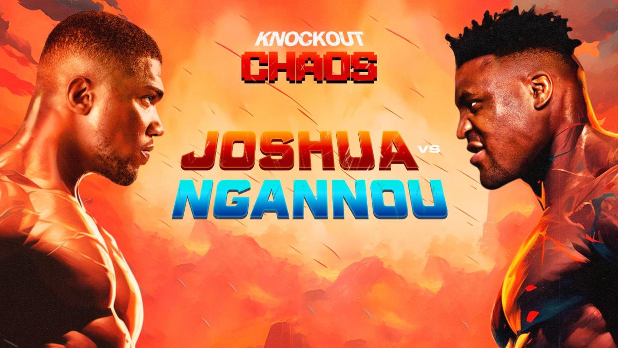  DAZN promotional boxing bill for the Anthony Joshua vs Francis Ngannou live stream depicting Joshua head to head with Ngannou on a stormy red background. 